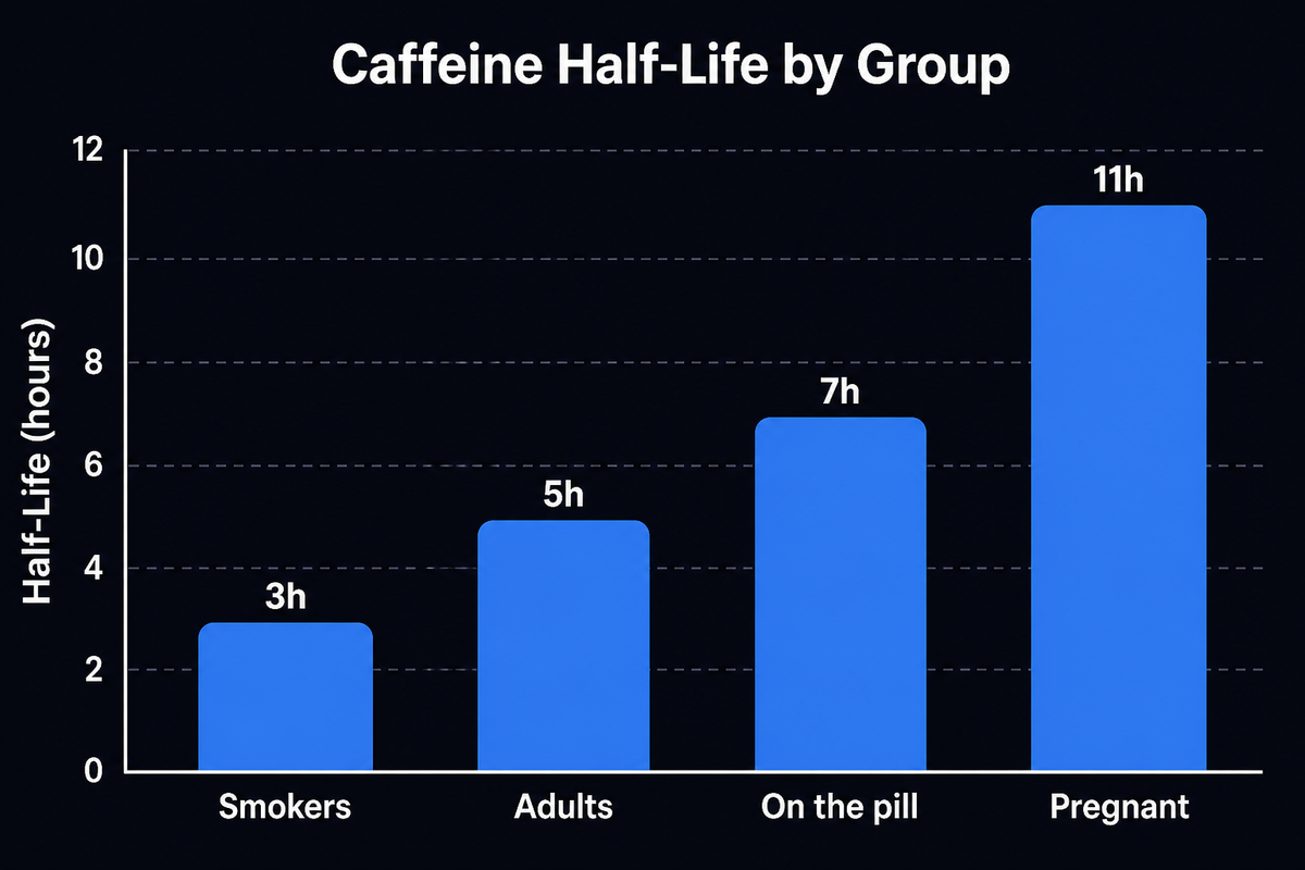 Bar chart of caffeine half-life by group: smokers about 3 hours, healthy adults about 5 hours, people on oral contraceptives about 7 hours, pregnant people about 11 hours