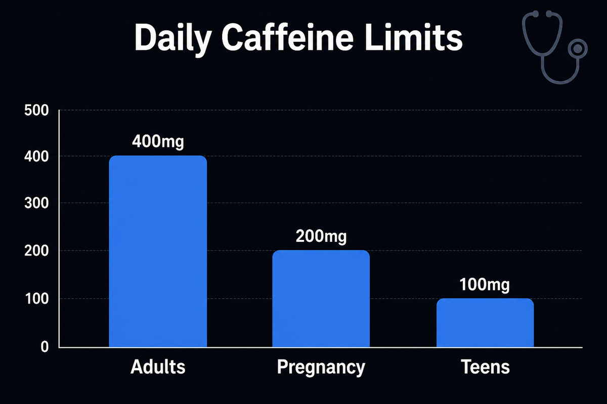 Bar chart of daily caffeine limits: 400 mg for healthy adults, 200 mg in pregnancy, 100 mg for teens